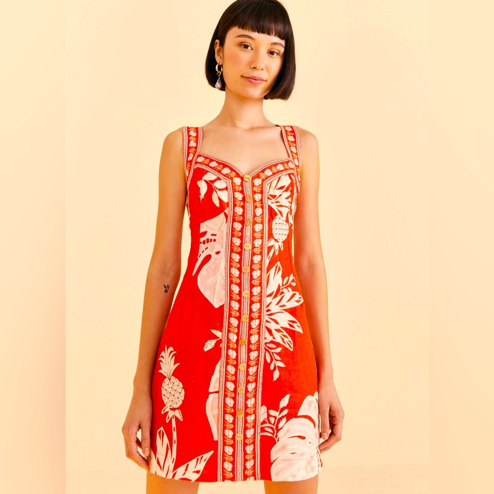 BRAND NEW FARM Rio Red Lace Monsteras Mini Dress - Size XS 100% linen